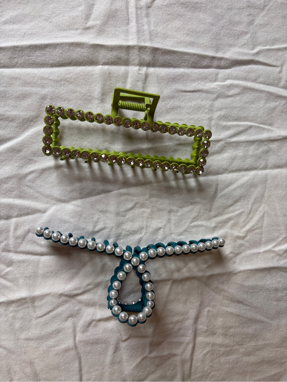 Anthropology Pearl-Trim Teal Hair Claw and Lime Crystal Rectangle Clip Set